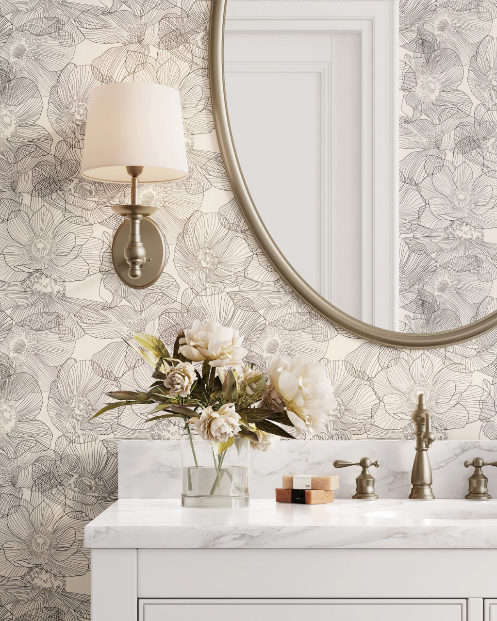 Anemones Black & White Peel and Stick Wallpaper in Bathroom