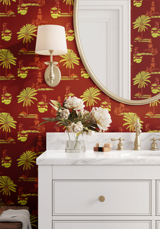 Bali Rice Fields Wallpaper in Maroon by Jenna Hang