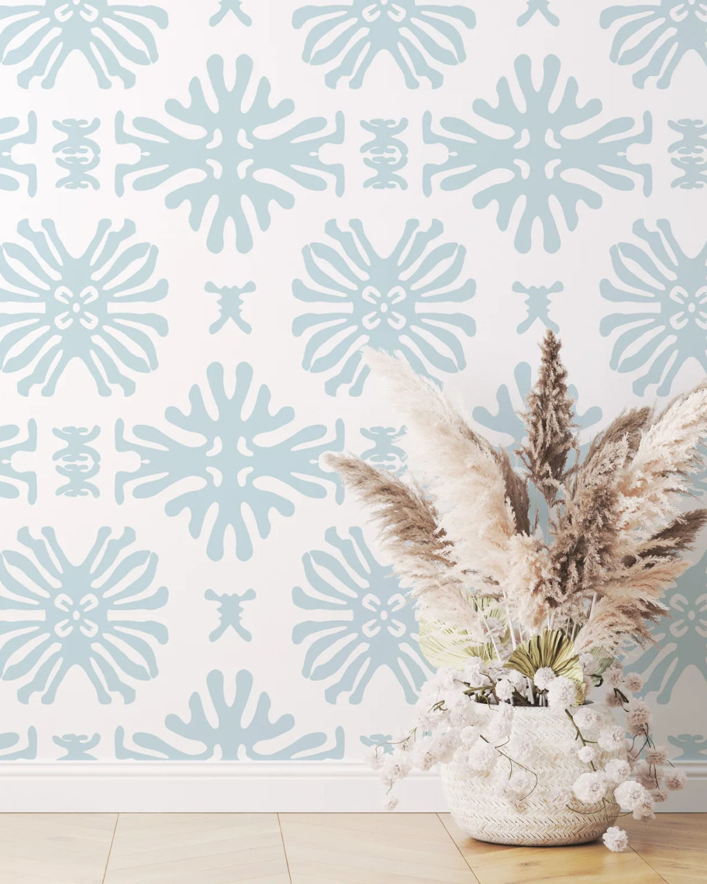 Bali Powder Blue peel and stick wallpaper room mockup by Funky Paper Co