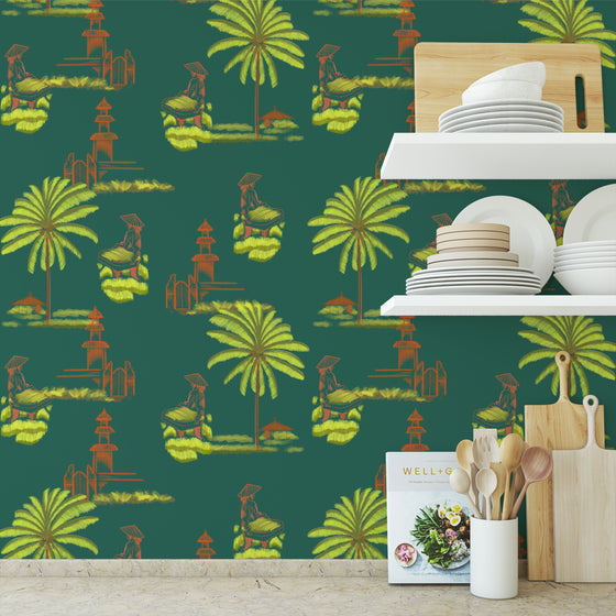 Bali Rice Fields Wallpaper in Teal by Jenna Hang