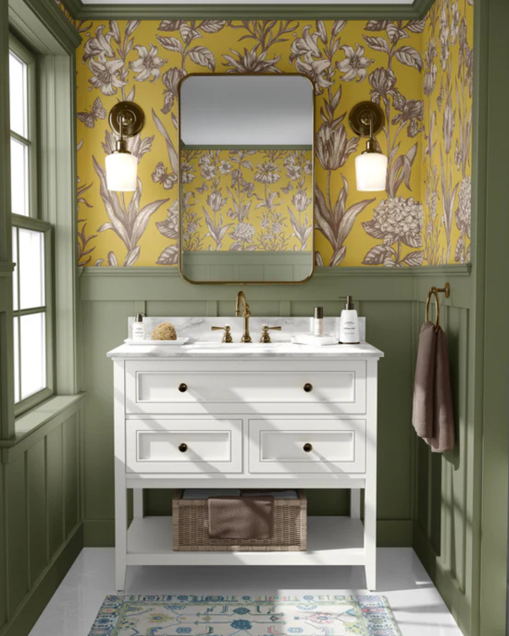 Barcelona yellow and gold floral peel and stick wallpaper, perfect for bathroom walls