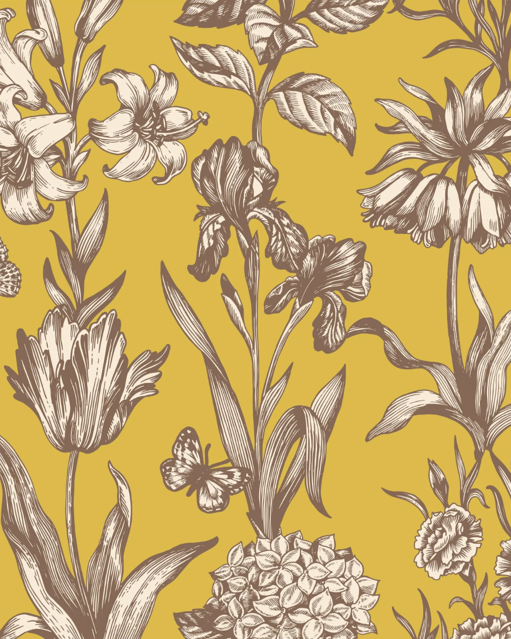Barcelona yellow and gold floral peel and stick wallpaper, perfect for bathroom walls