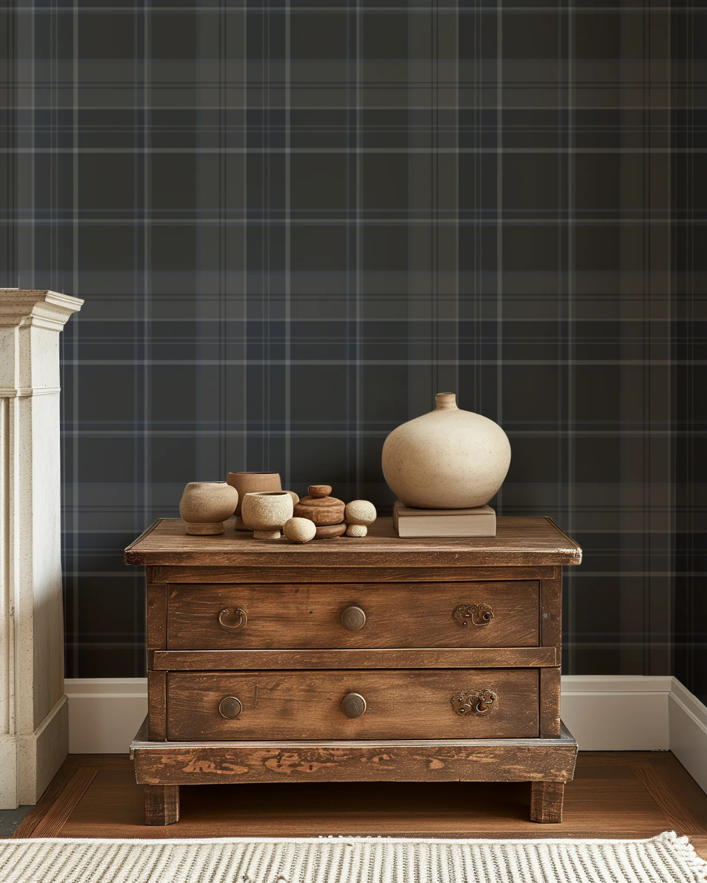 Bedroom Plaid peel and stick wallpaper in slate by Funky Paper Co