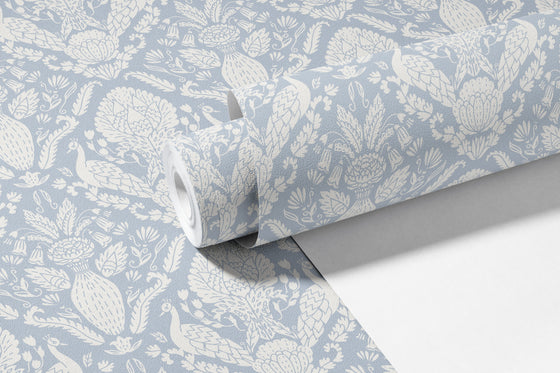 Peacock Damask Wallpaper in Blue X Quirky Paisley Design