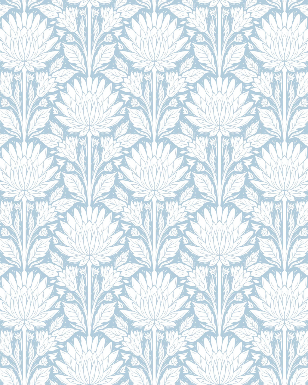 Block print chrysanthemum blue and white floral peel and stick wallpaper, ideal for bathroom walls
