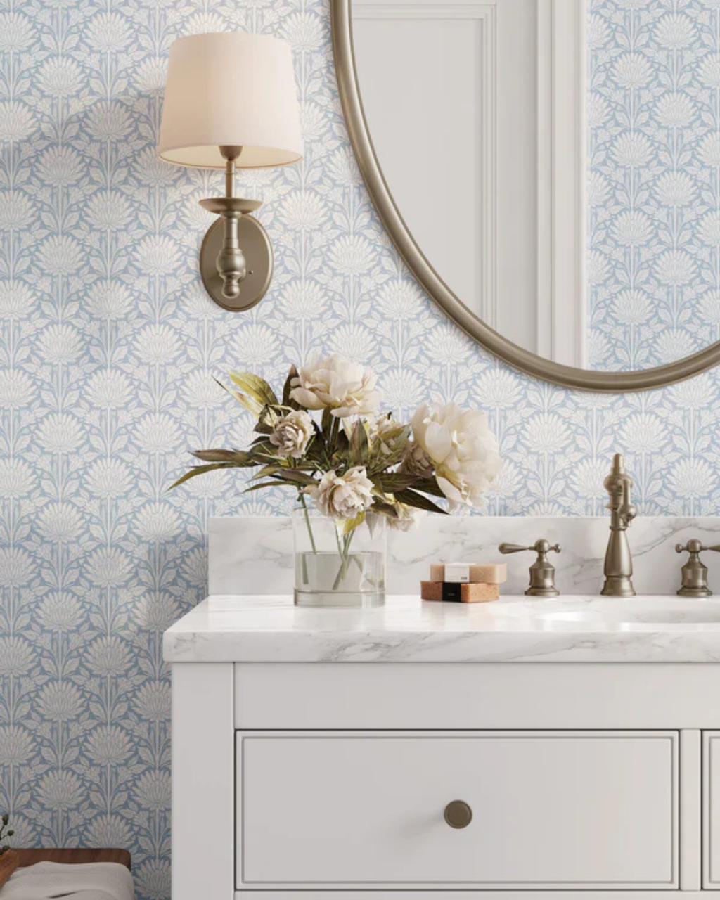 Block print chrysanthemum blue and white floral peel and stick wallpaper, ideal for bathroom walls