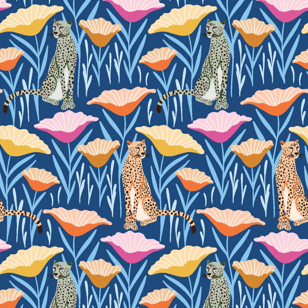 Blue cheetah peel and stick wallpaper in a tropical-themed room