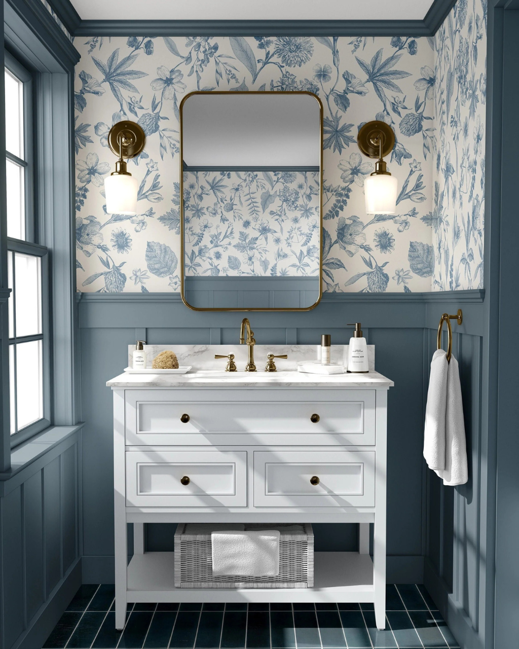 Cali I blue and white floral peel and stick wallpaper, perfect for bathroom walls