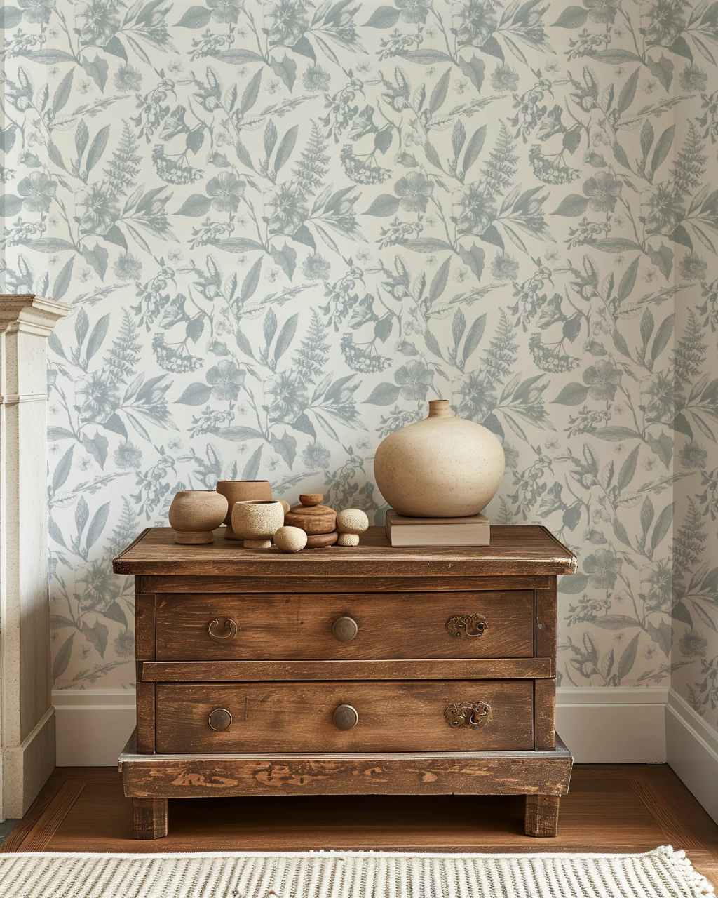 Cali Toile Blue Grey wallpaper in a coastal grandma living room by Funky Paper Co