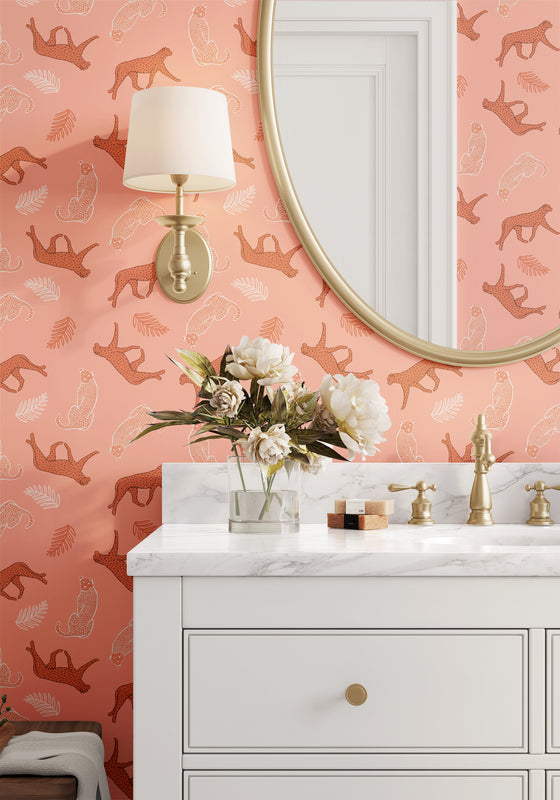 Cheetahs in the Wild Wallpaper in Pink by Jenna Hang