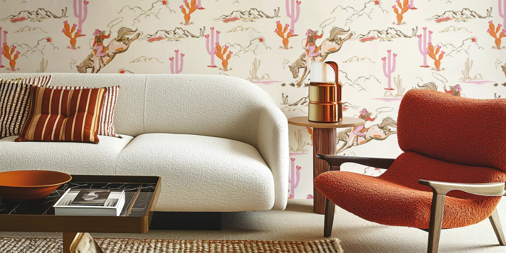 Orange and pink Texas cowgirl peel and stick wallpaper by Funky Paper Co