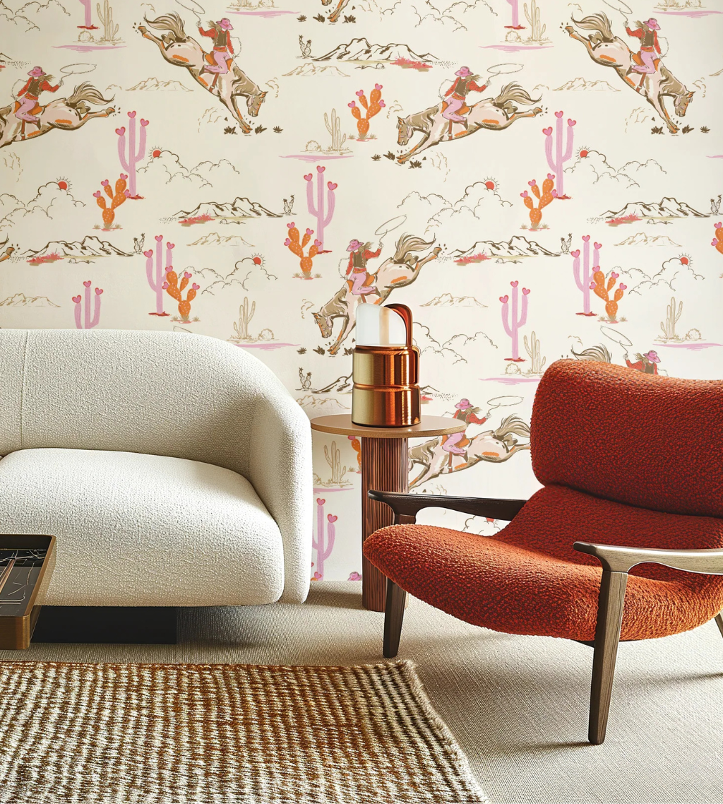 Orange and pink Texas cowgirl peel and stick wallpaper by Funky Paper Co