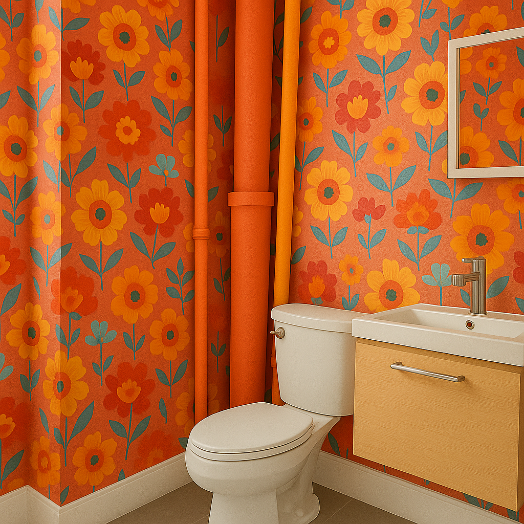 Bathroom with bold floral wallpaper and pipes painted to match, camouflaging exposed plumbing