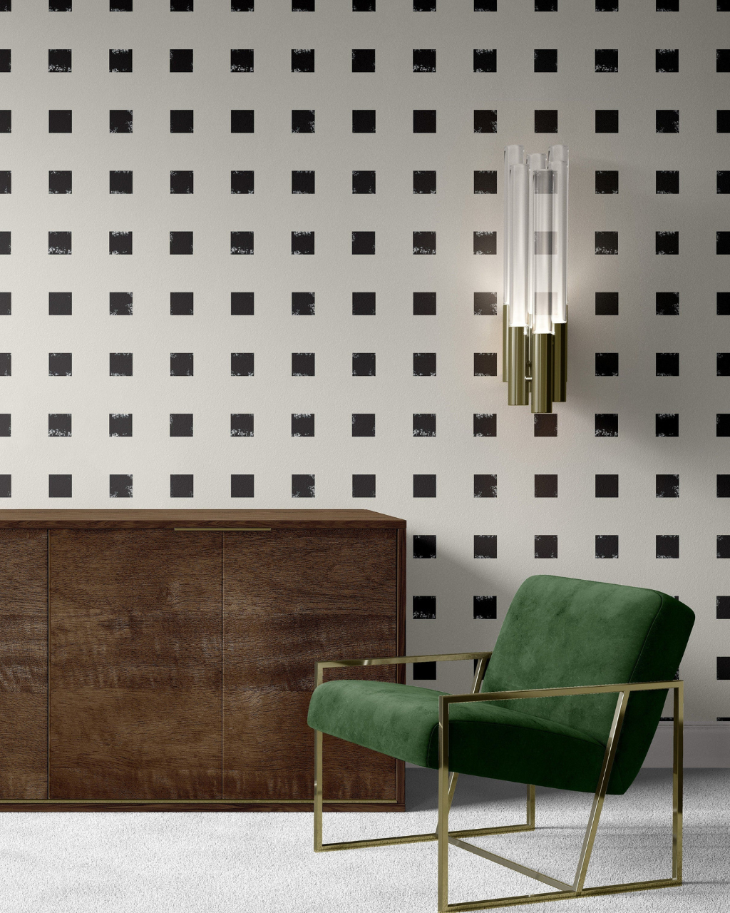 Dallas Black & White Checkerboard peel and stick wallpaper in entryway by Funky Paper Co