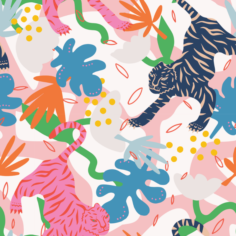Dancing Tigers White Peel and Stick Wallpaper | Vivid X Kristina Forrest | Funky Paper Co