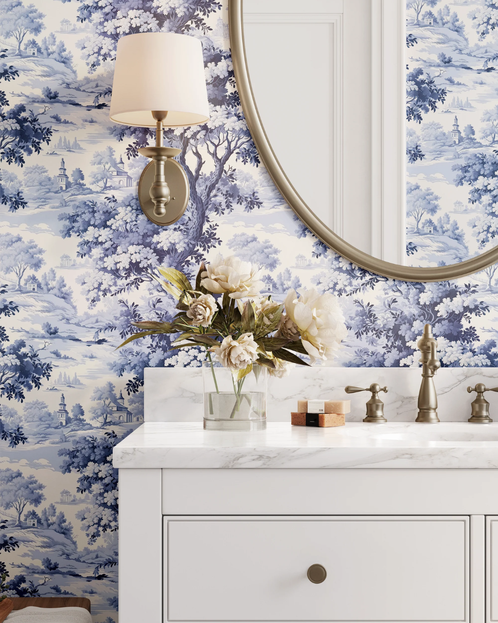 Florence Cerulean toile wallpaper in a coastal grandma powder bathroom by Funky Paper Co