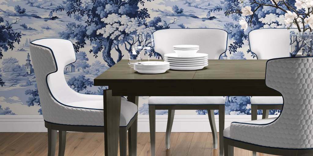 Florence Cerulean blue and white toile wallpaper in a dining room by Funky Paper Co