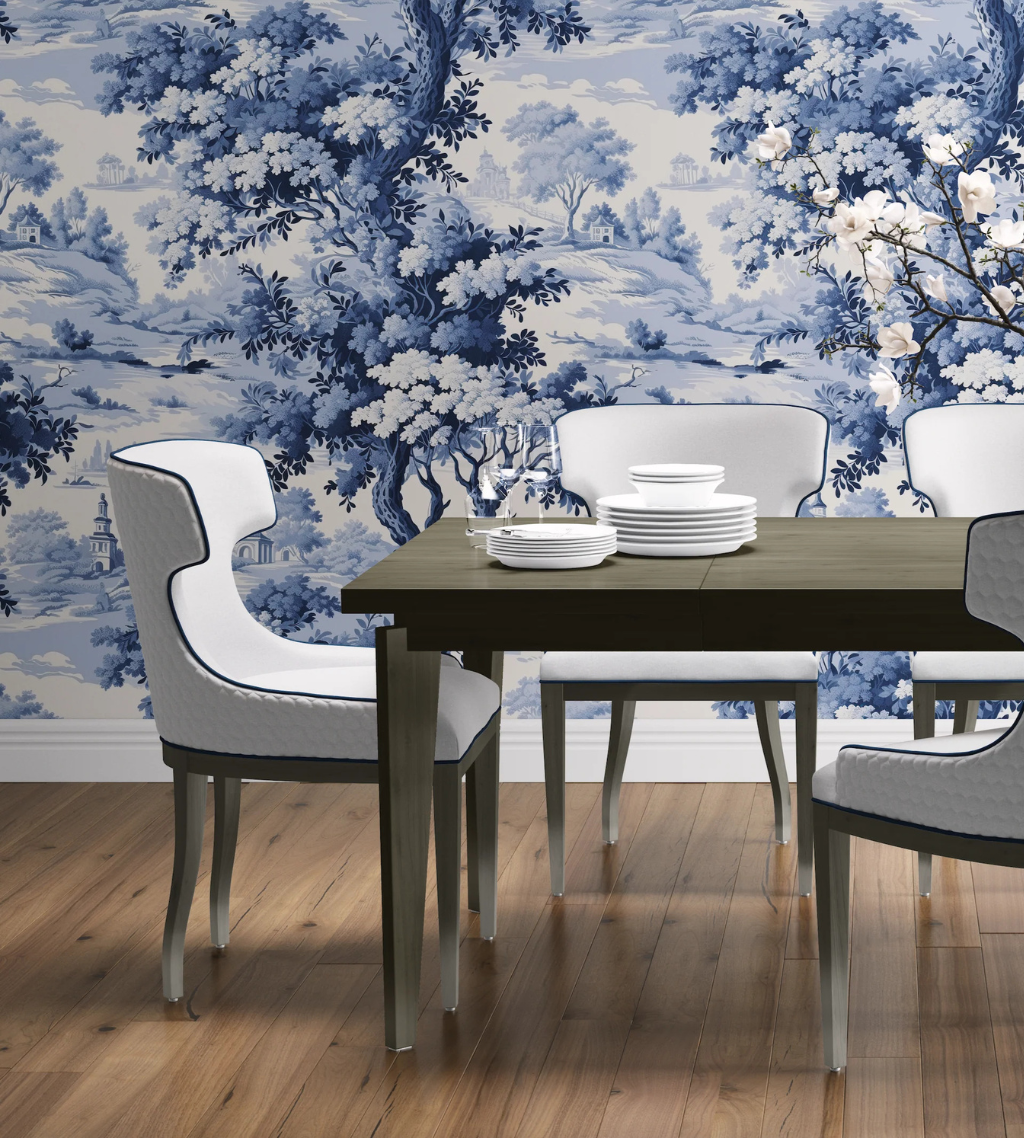 Florence Cerulean blue and white toile wallpaper in a dining room by Funky Paper Co