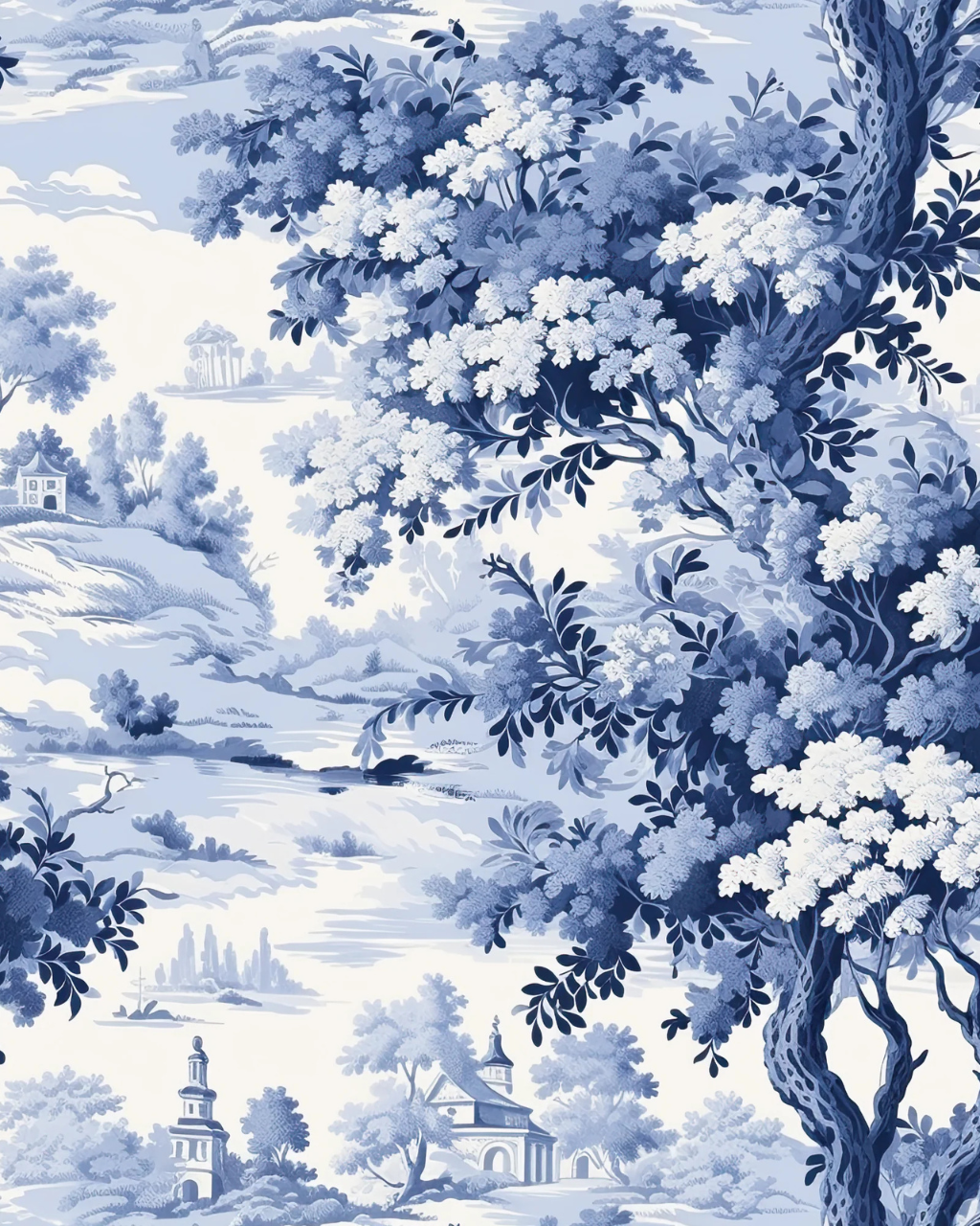 Florence Cerulean blue and white landscape toile wallpaper print by Funky Paper Co