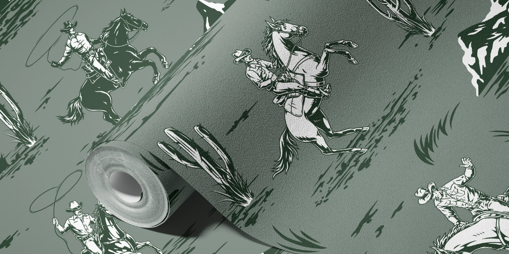 Green Cactus Cowboy Lasso Peel and Stick Texas Wallpaper by Funky Paper Co