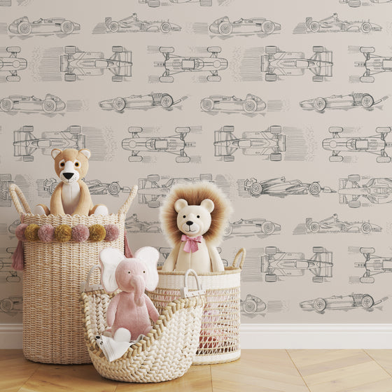 Vintage Cars Wallpaper in Grey X Quirky Paisley Design