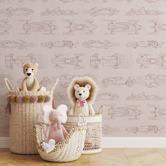 Vintage Cars Wallpaper in Beige X Quirky Paisley Design