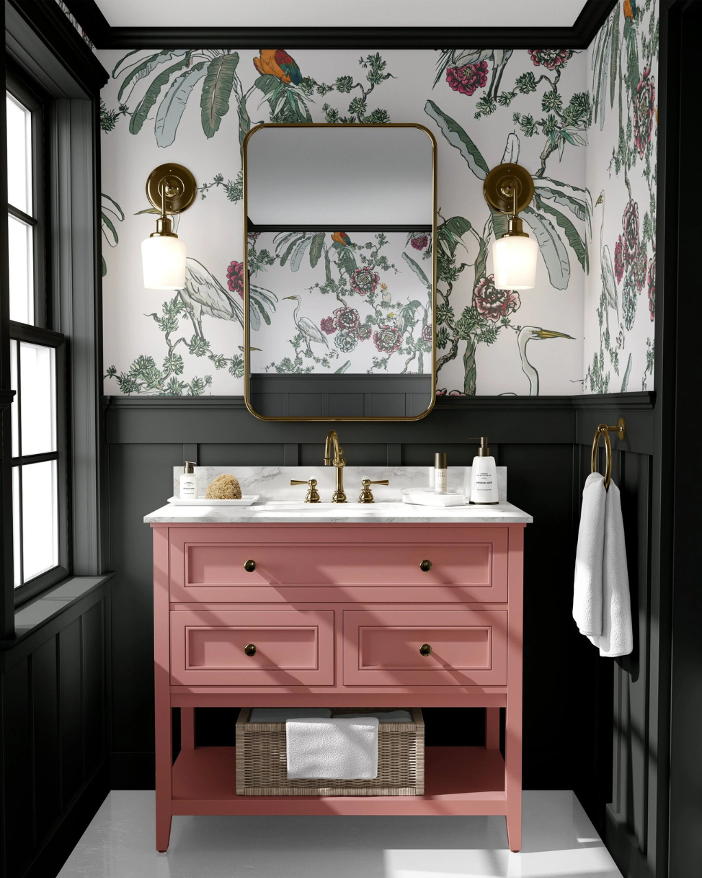 Lima White chinoiserie wallpaper in a powder bathroom by Funky Paper Co