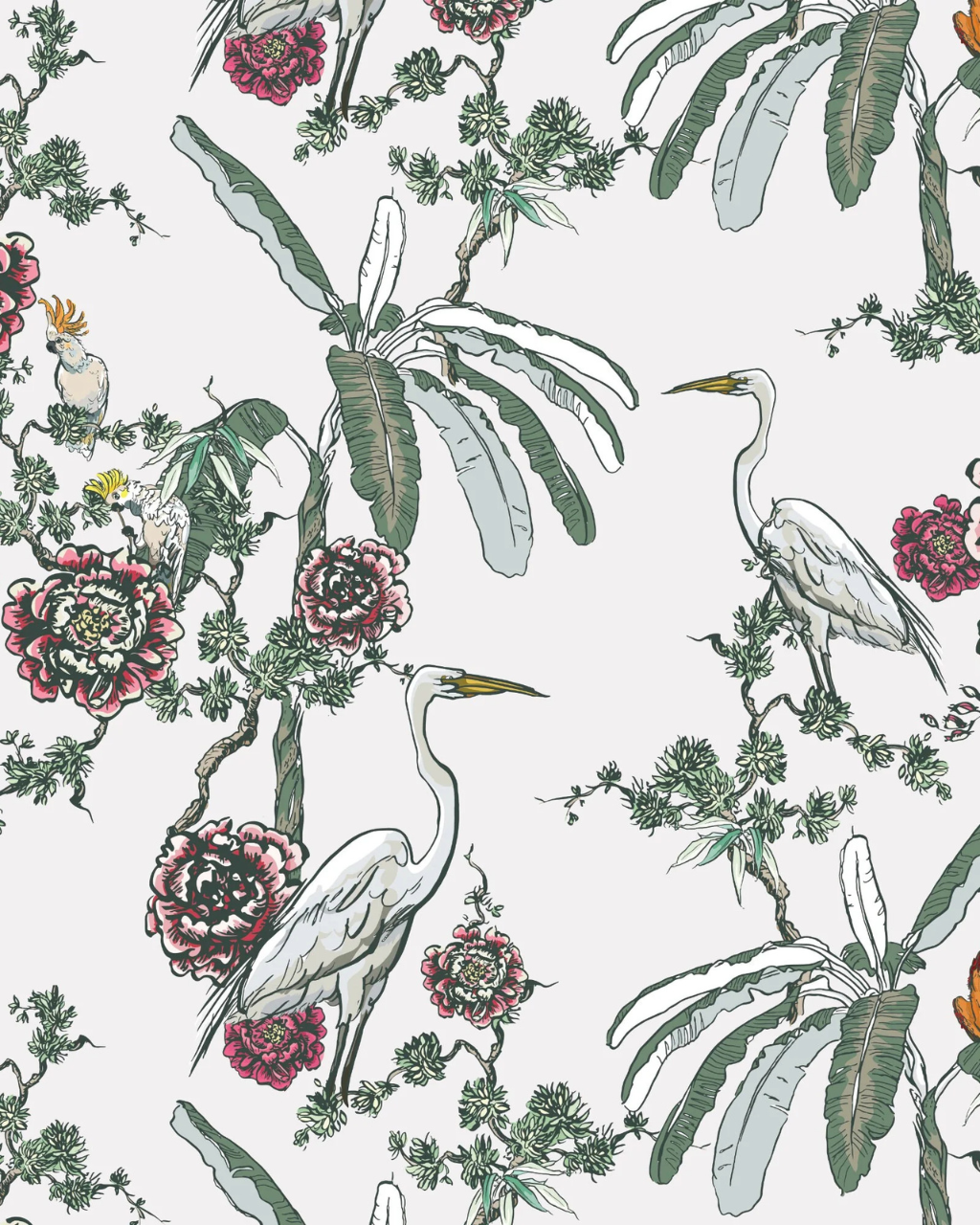 Lima White tropical chinoiserie wallpaper print with herons cockatoos and peonies by Funky Paper Co