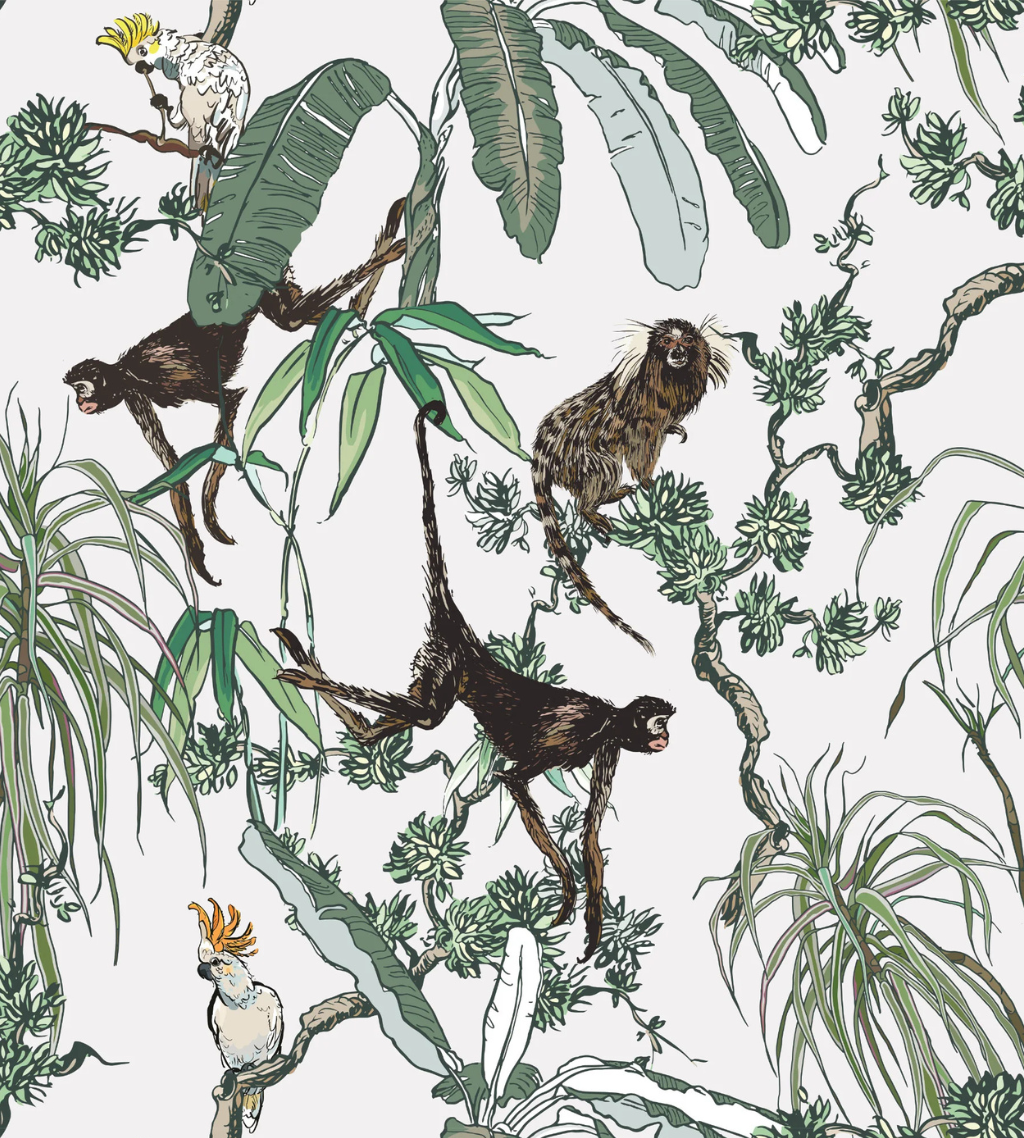Manila White Chinoiserie monkey wallpaper, a stylish and elegant design