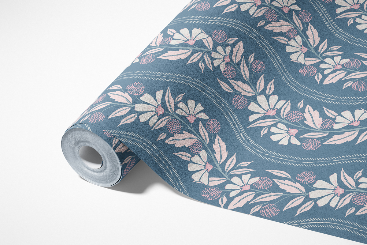 Wavy Floral Stripe - Blue