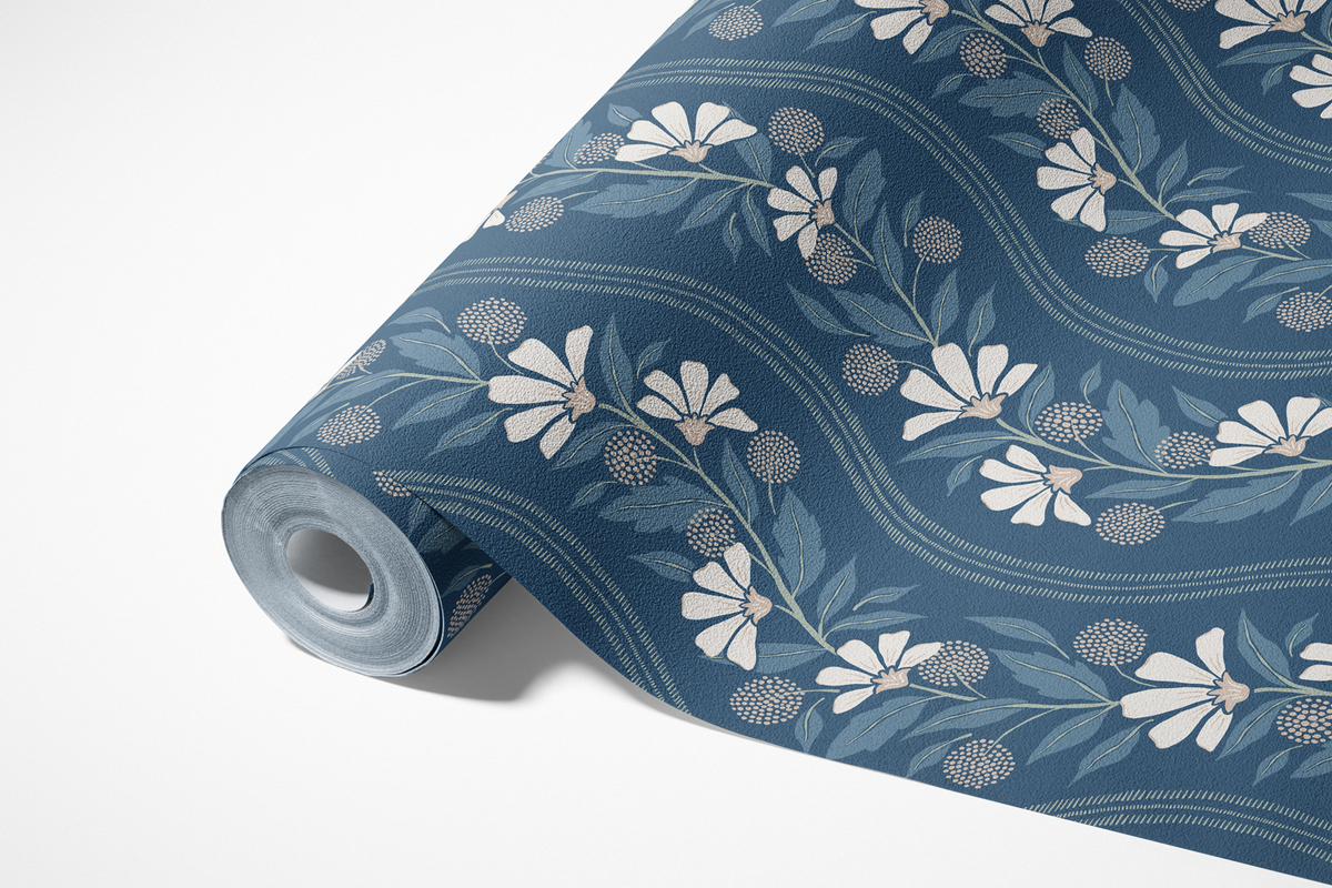 Wavy Floral Stripe - Navy