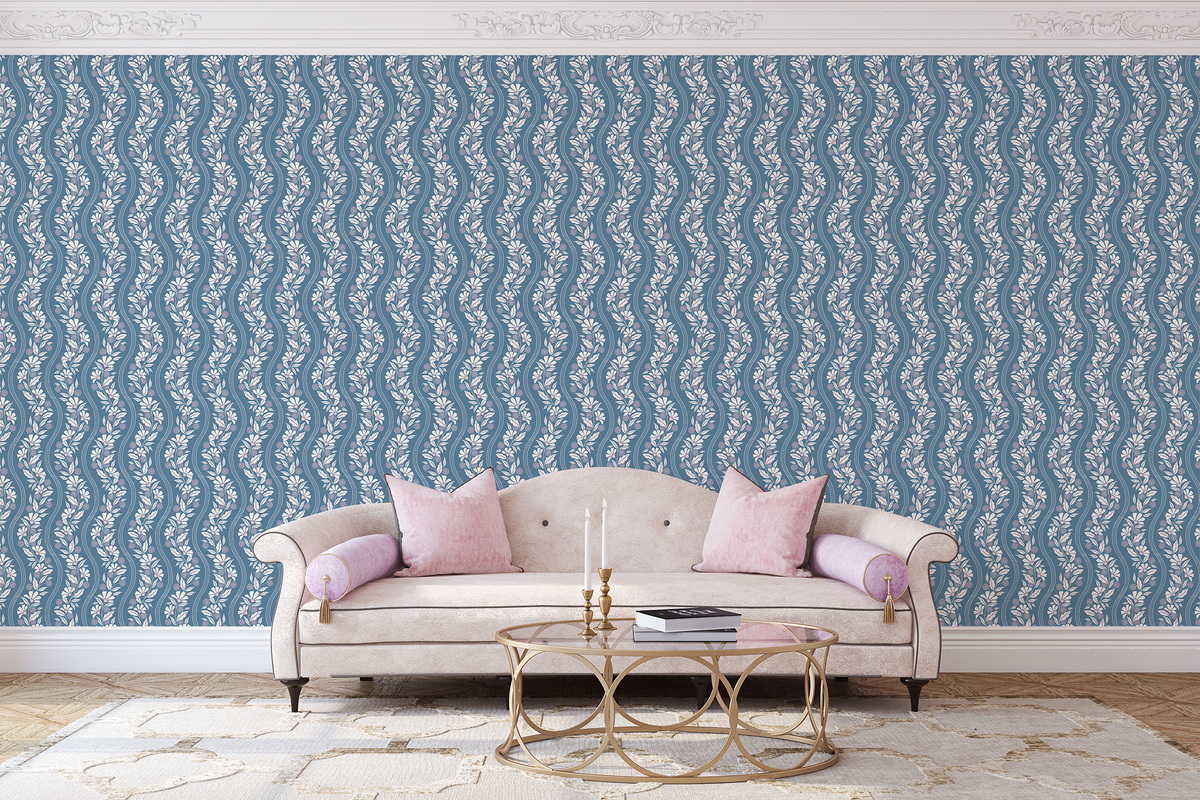 Wavy Floral Stripe - Blue