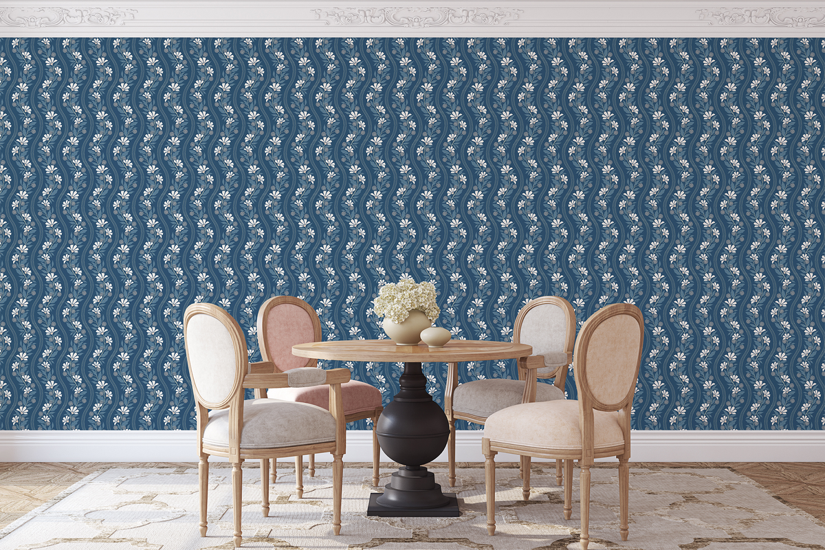 Wavy Floral Stripe - Navy