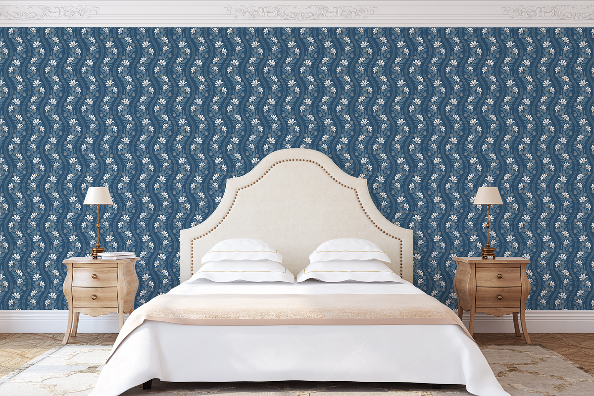 Wavy Floral Stripe - Navy