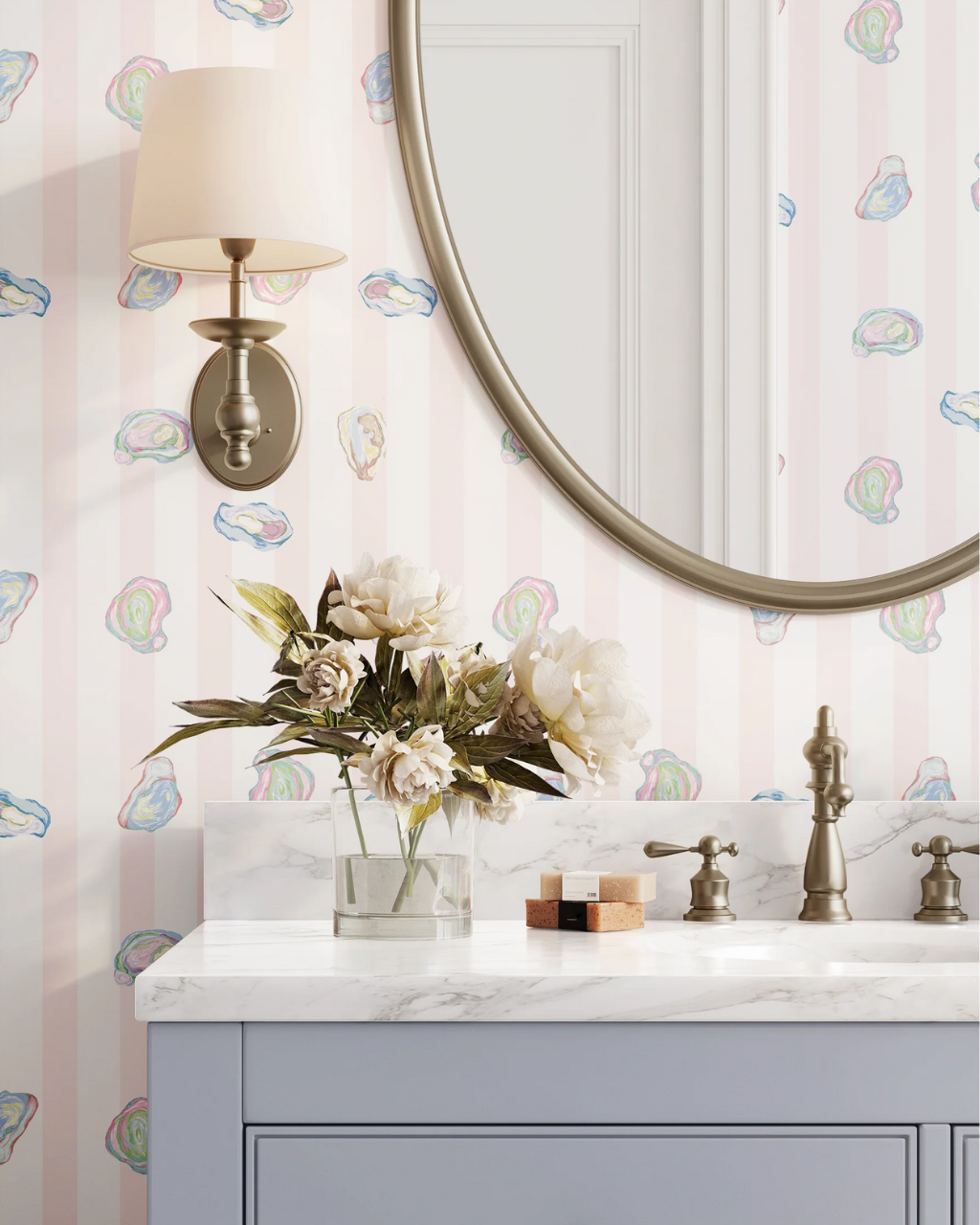 Oyster preppy wallpaper featuring hand-drawn pastel oysters over vertical pastel pink and white stripes, styled in a coastal-inspired room interior | Funky Paper Co