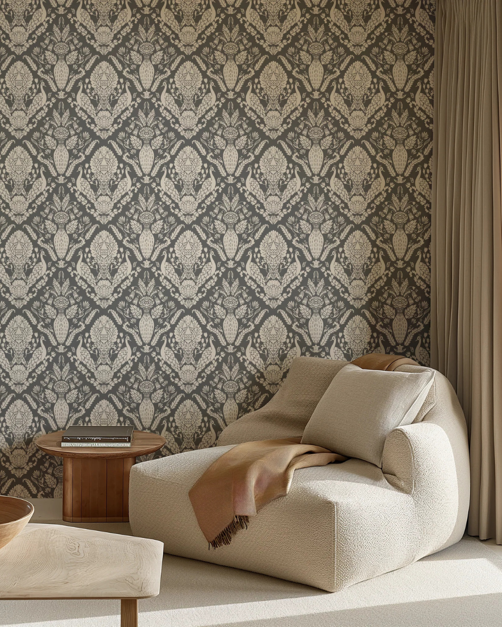 Peacock Damask black, white & gray peel and stick wallpaper in guest room by Funky Paper Co