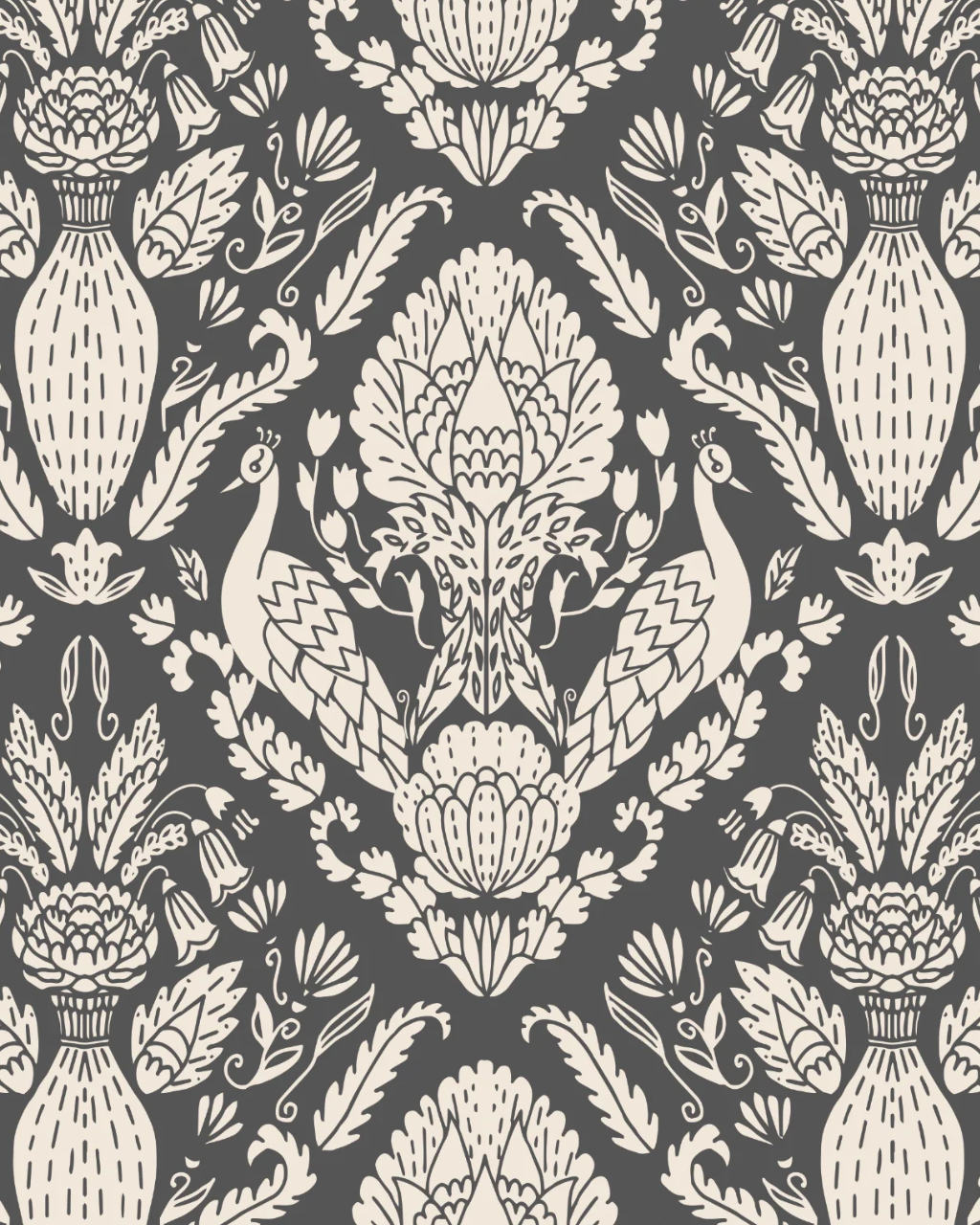 Peacock Damask black, white & gray peel and stick wallpaper in guest room by Funky Paper Co