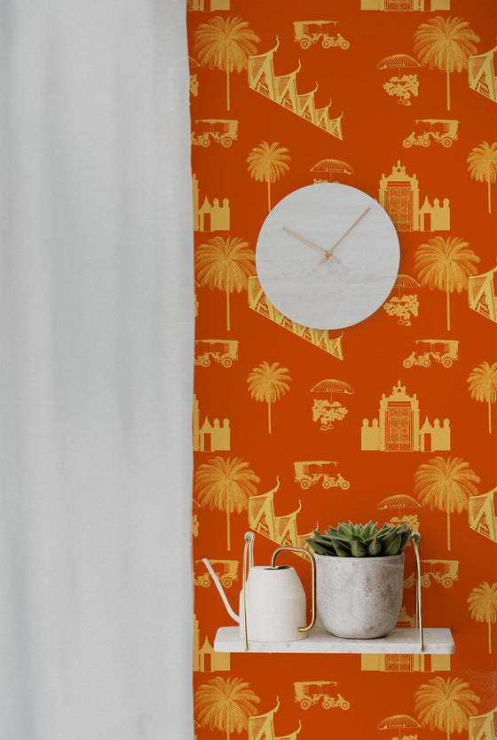 Phnom Penh Wallpaper in Rust by Jenna Hang