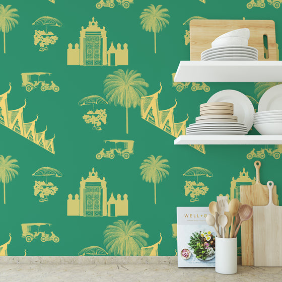 Phnom Penh Wallpaper in Turquoise by Jenna Hang