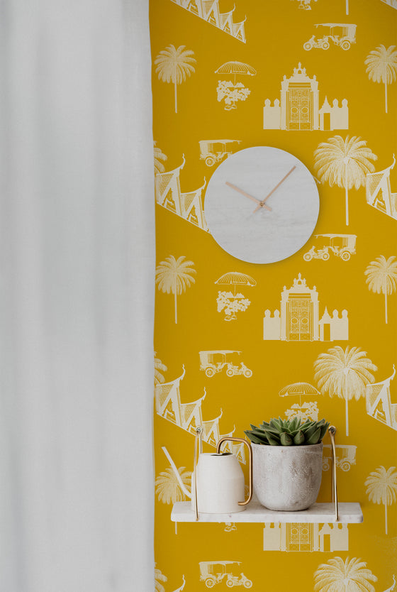 Phnom Penh Wallpaper in Mustard by Jenna Hang