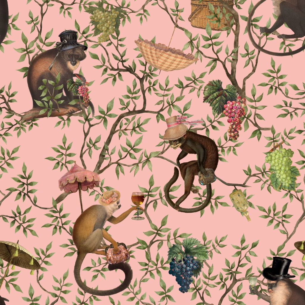 Playful monkeys on pink wallpaper, perfect for bold interiors