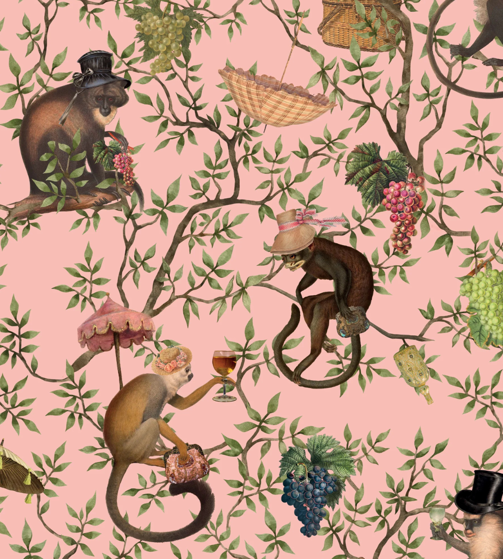Playful monkeys on pink wallpaper, perfect for bold interiors