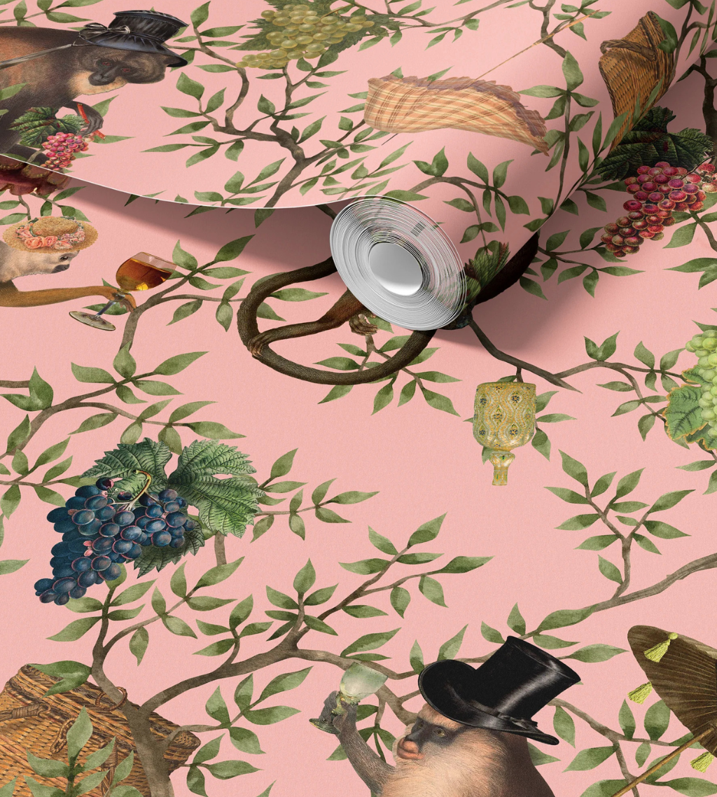 Playful Monkeys Pink maximalist wallpaper