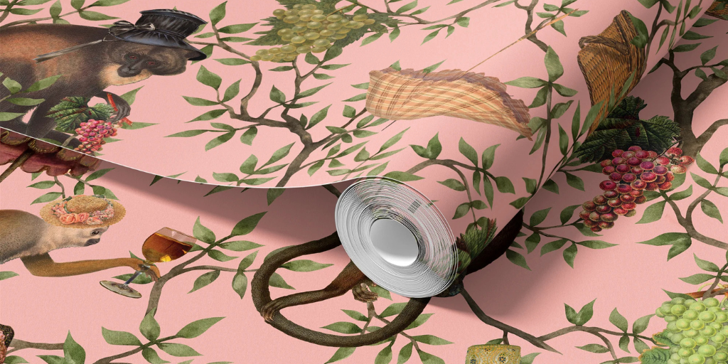 Playful Monkeys Pink maximalist wallpaper