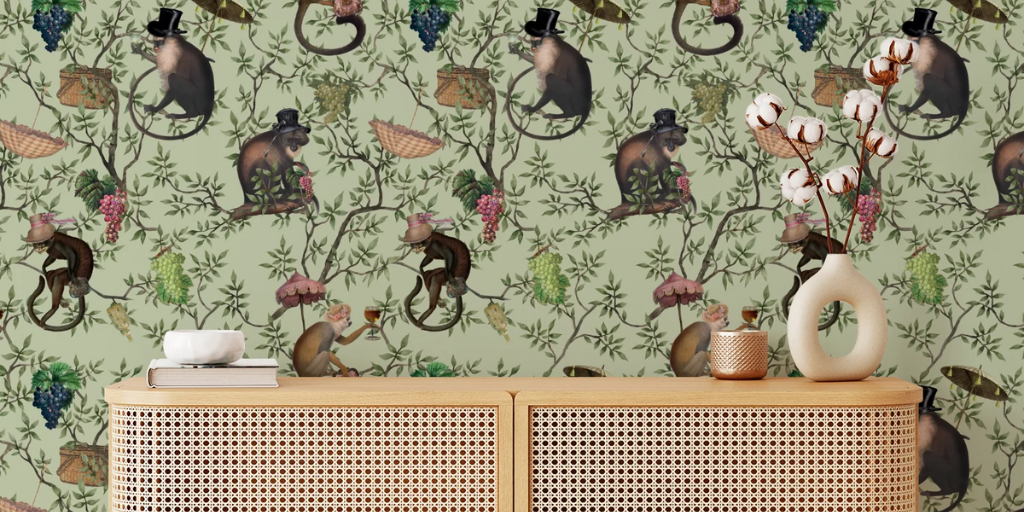 Playful Monkeys Green maximalist wallpaper