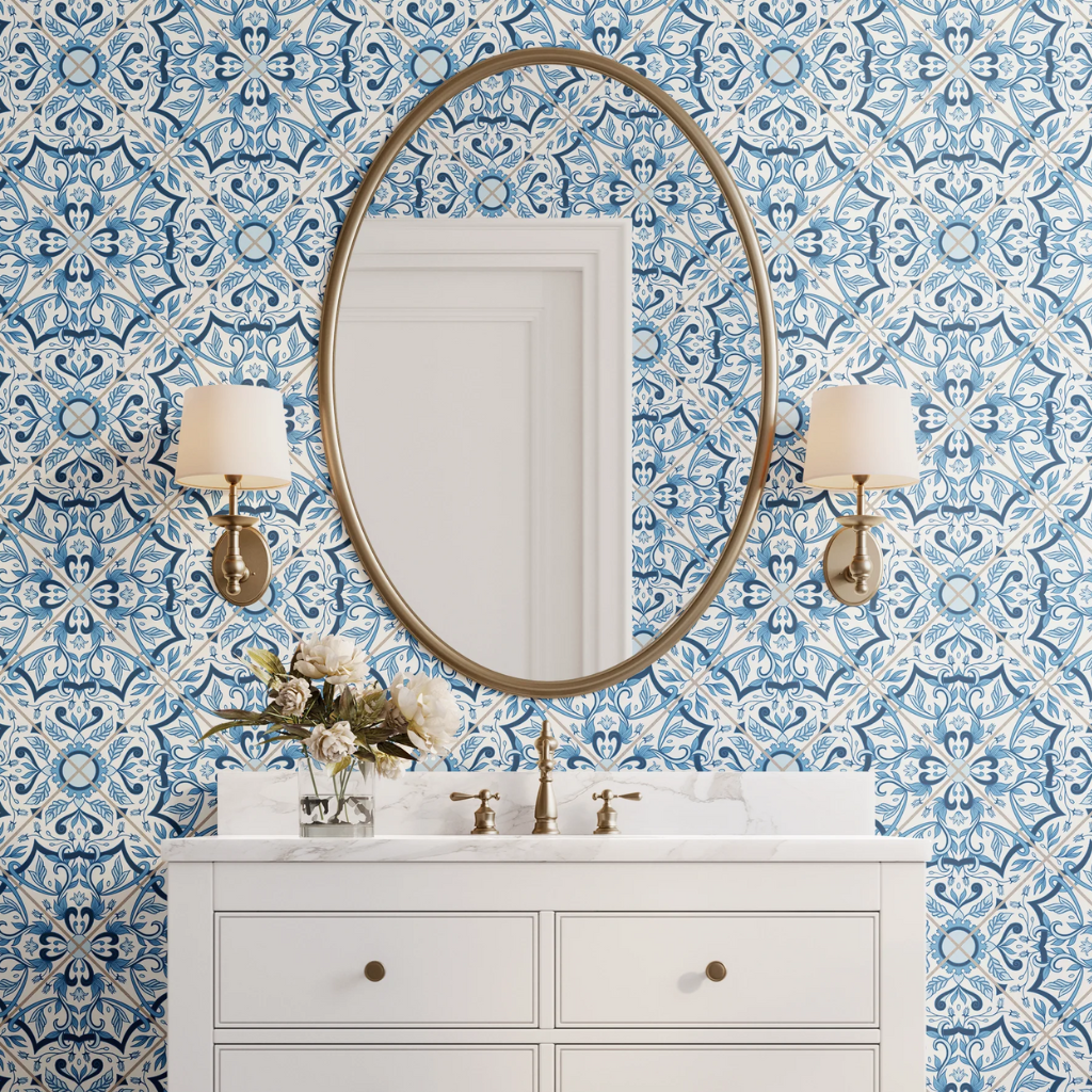 Blue tile-inspired peel and stick wallpaper, perfect for creating a stylish backsplash without the grout