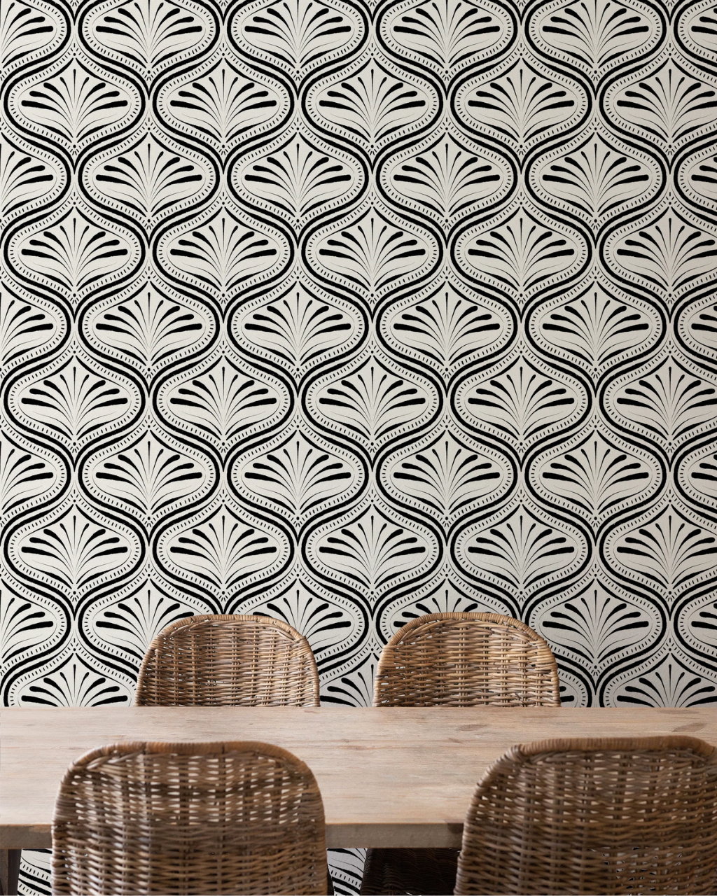 Refined Abstract Ogee black and white peel and stick wallpaper in dining room by Funky Paper Co
