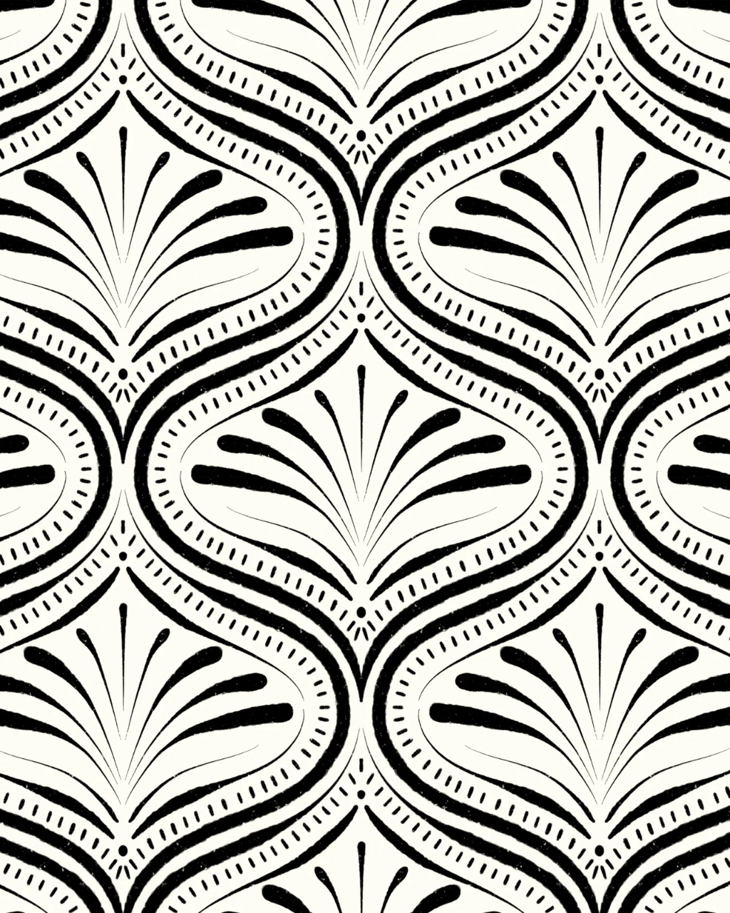 Refined Abstract Ogee black and white peel and stick wallpaper in dining room by Funky Paper Co