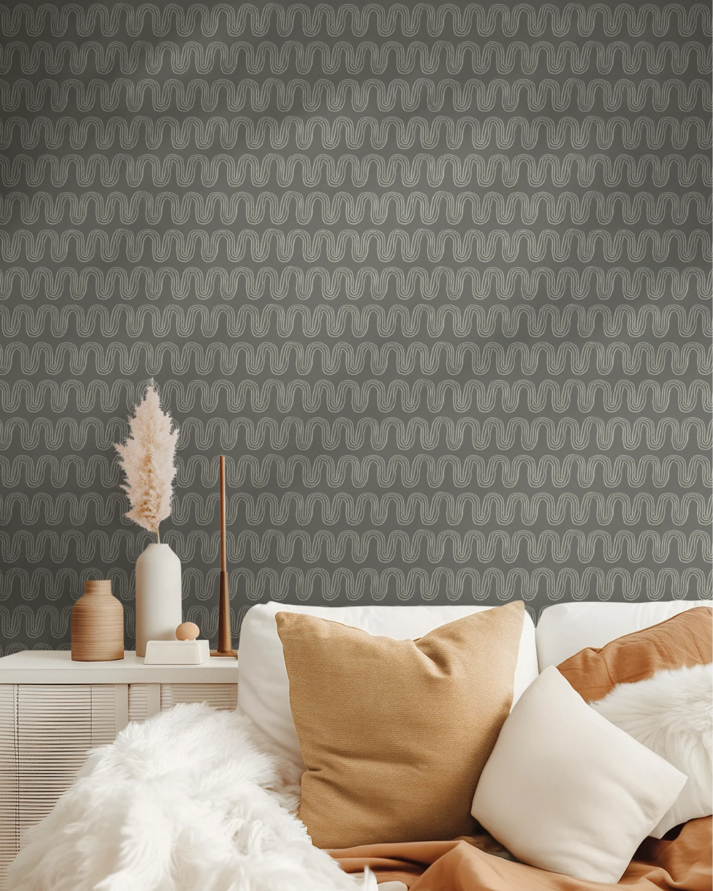 Sayulita abstract waves black white slate peel and stick wallpaper in living room by Funky Paper Co