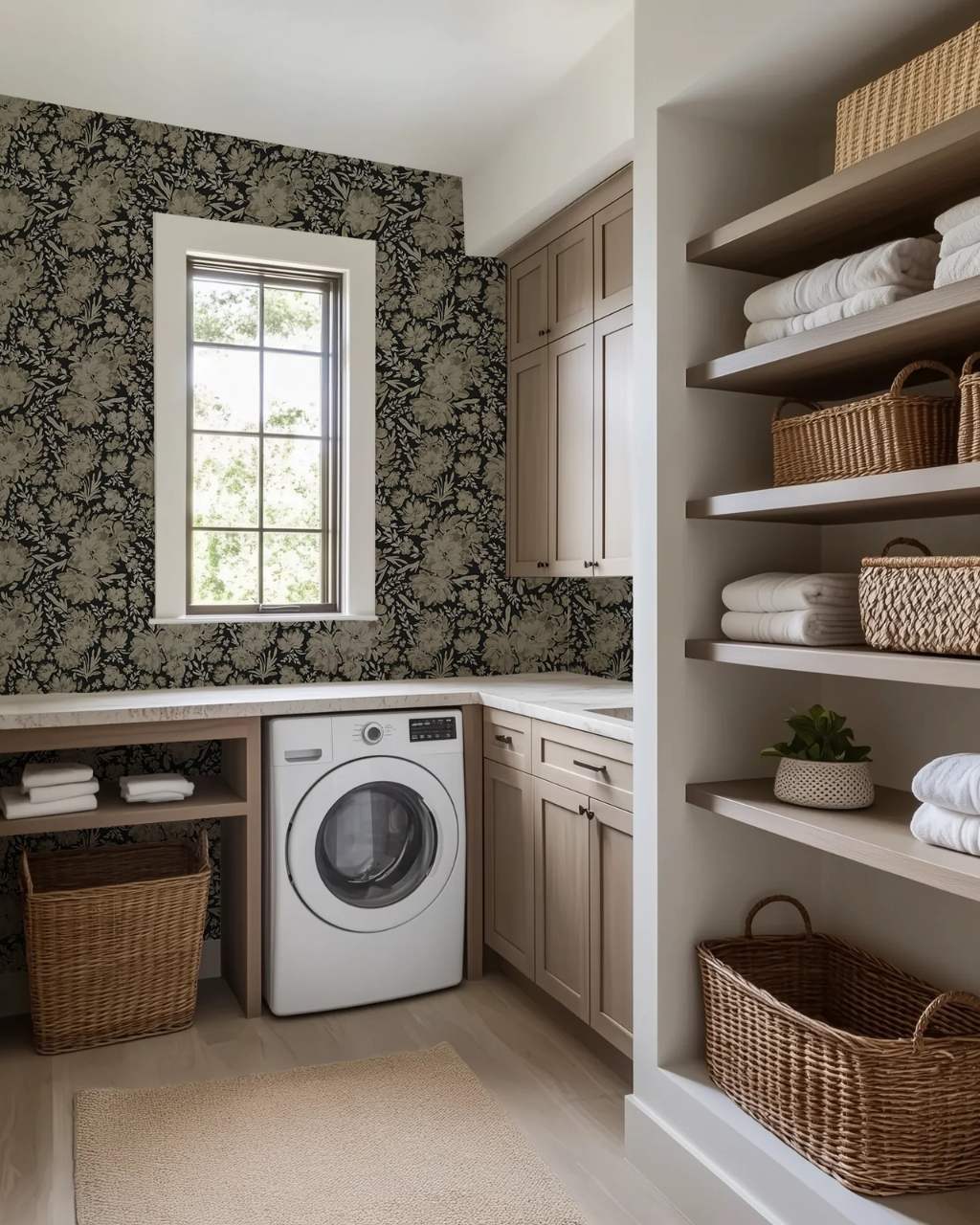 Sierra floral black white beige peel and stick wallpaper in laundry room by Funky Paper Co